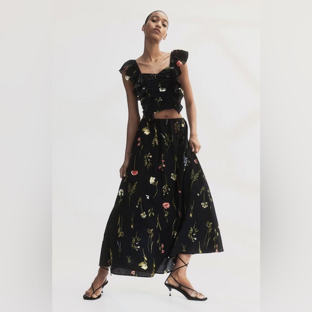 H&M Linen-blend Floral Black Maxi Skirt - Picture 2 of 4